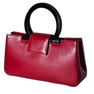 Salvatore Ferragamo Red Calf Leather & Black Resin Gancini Top Handle Bag